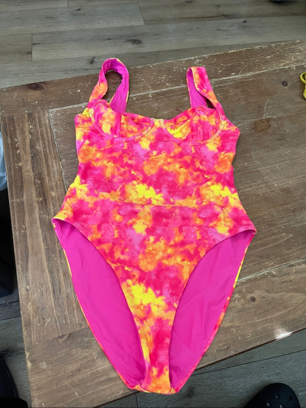 Tie-Dye Pink & Yellow One-Piece Swimsuit with Supportive Bust